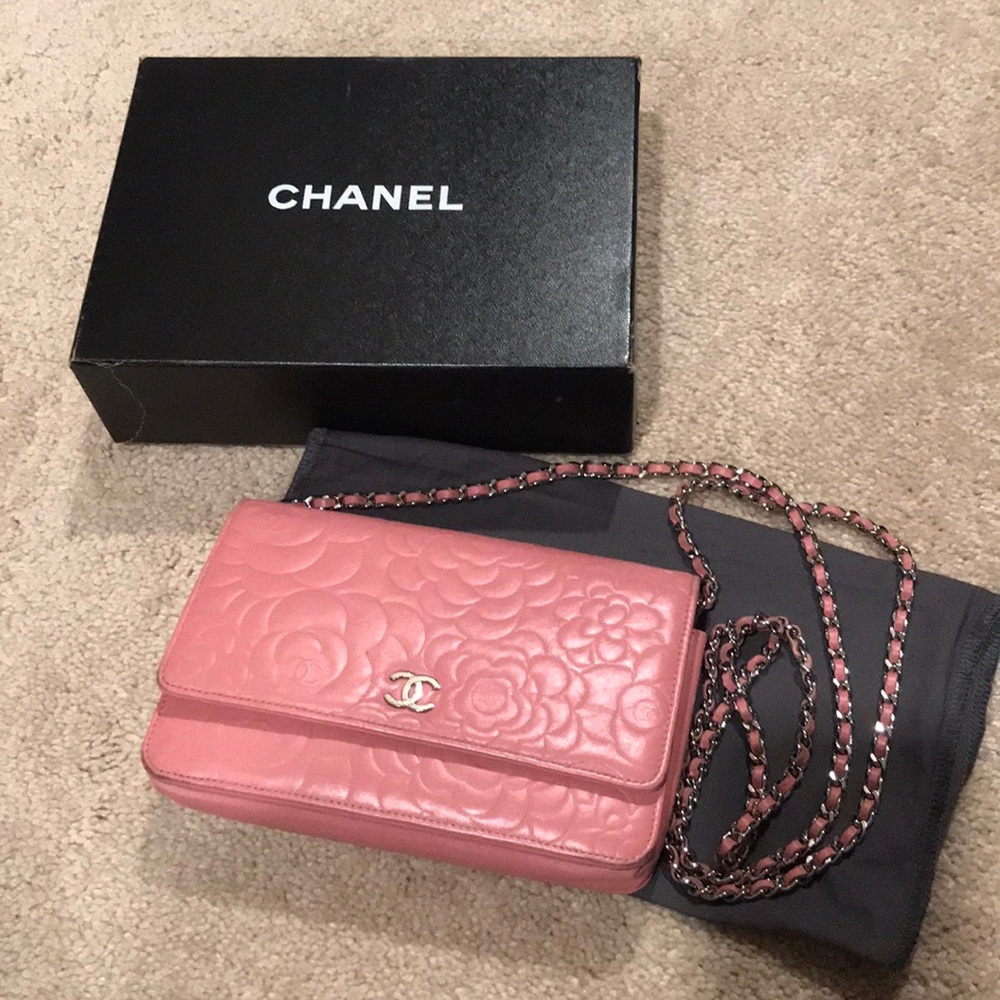 Chanel Pink Camellia Lambskin Wallet On Chain WOC